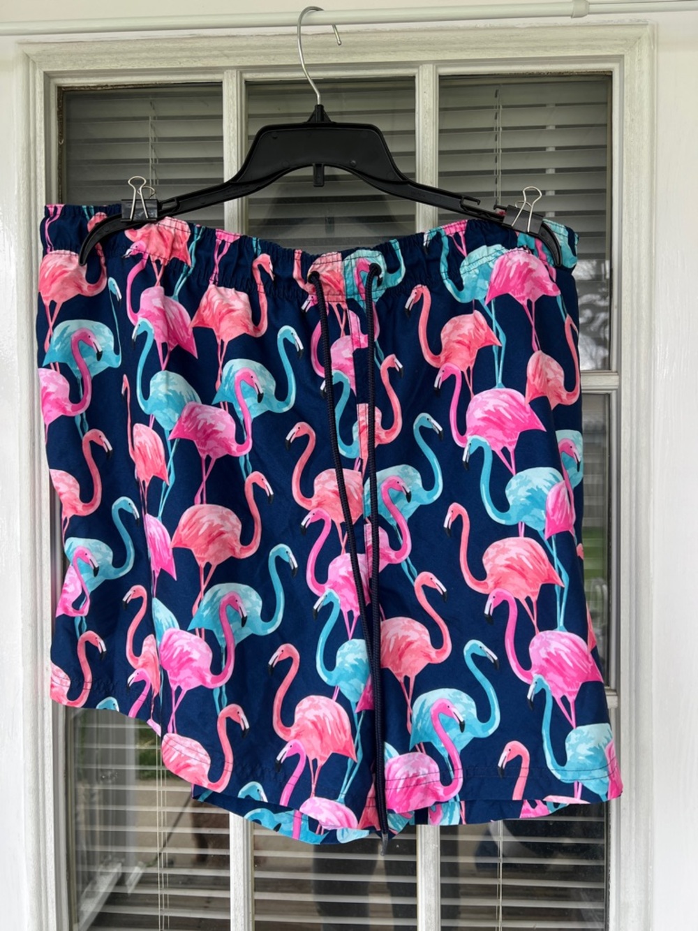 George Men’s Navy Swim Trunks with Pink & Teal Flamingo Print